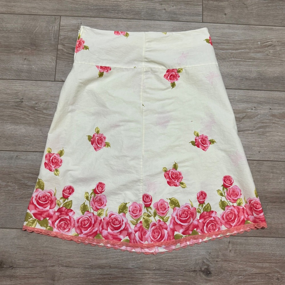 Frenzee Vintage Floral Rose Print Lace Trim A-Line Skirt Cream Pink Medium‎ USA